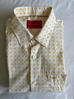 Peter England Gold White Printed 100% Cotton Button Down Shirt Men's